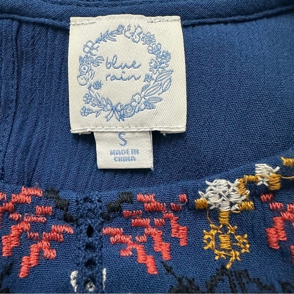 Blue Rain Crinkly Rayon Blend Dress Long Sleeves Embroidered Blue SZ Small Boho - Picture 4 of 9